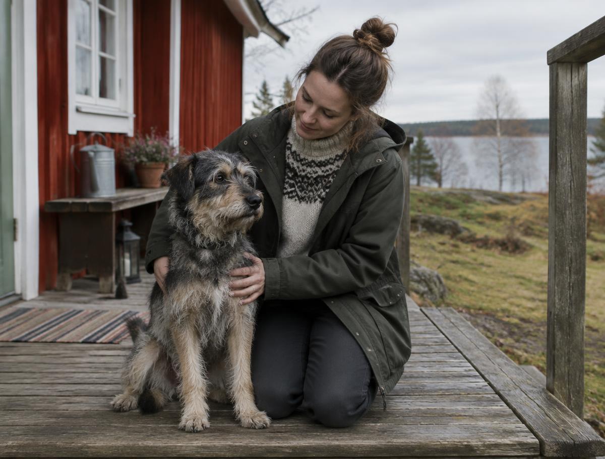 Uppfödare med blandrashund vid röd stuga